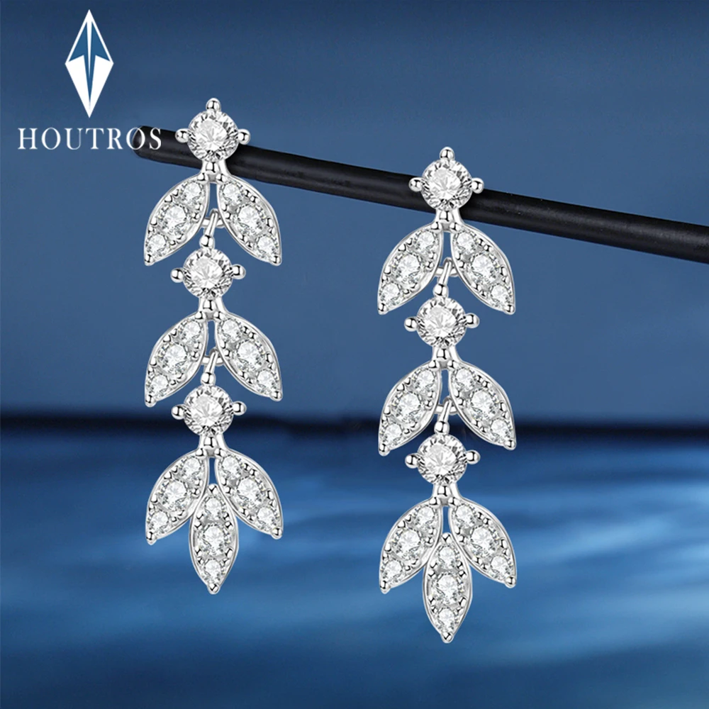 Long Tassel Moissanite Drop Earrings for Women 925 Sterling Silver Plated 18K Gold Leaf Shape Earrings Party Wedding Jewelry