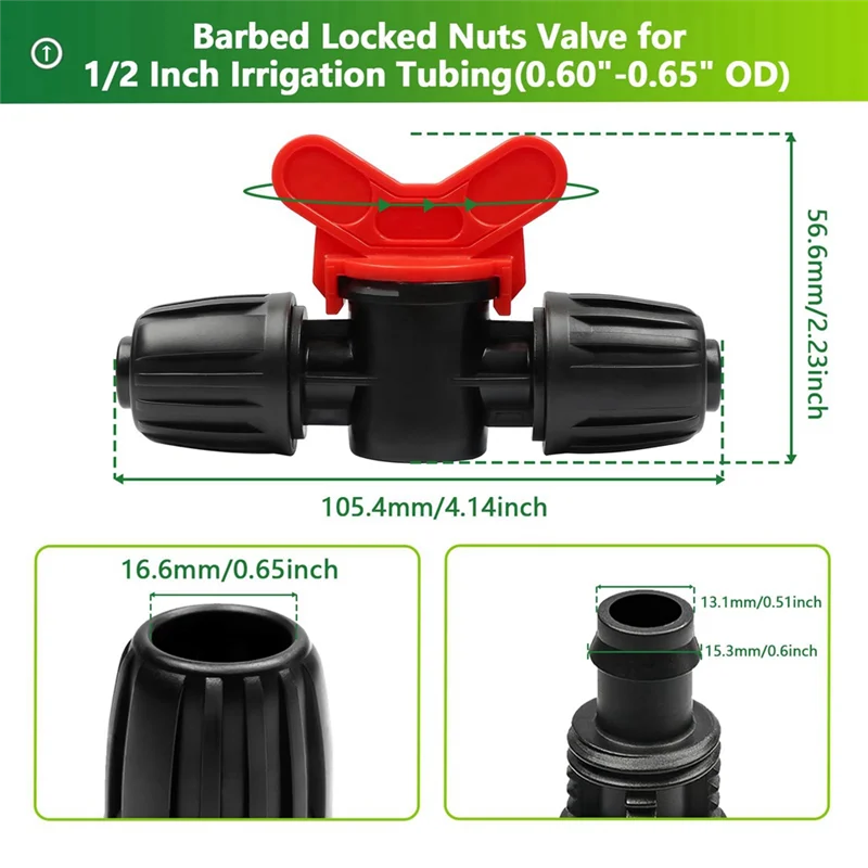 20 Pcs Drip Irrigation Switch Valves 1/2 Inch - In-Line Barb Lock For Tubing 0.60-0.65Inch OD, Outdoor Shut Off Valve-ABRO