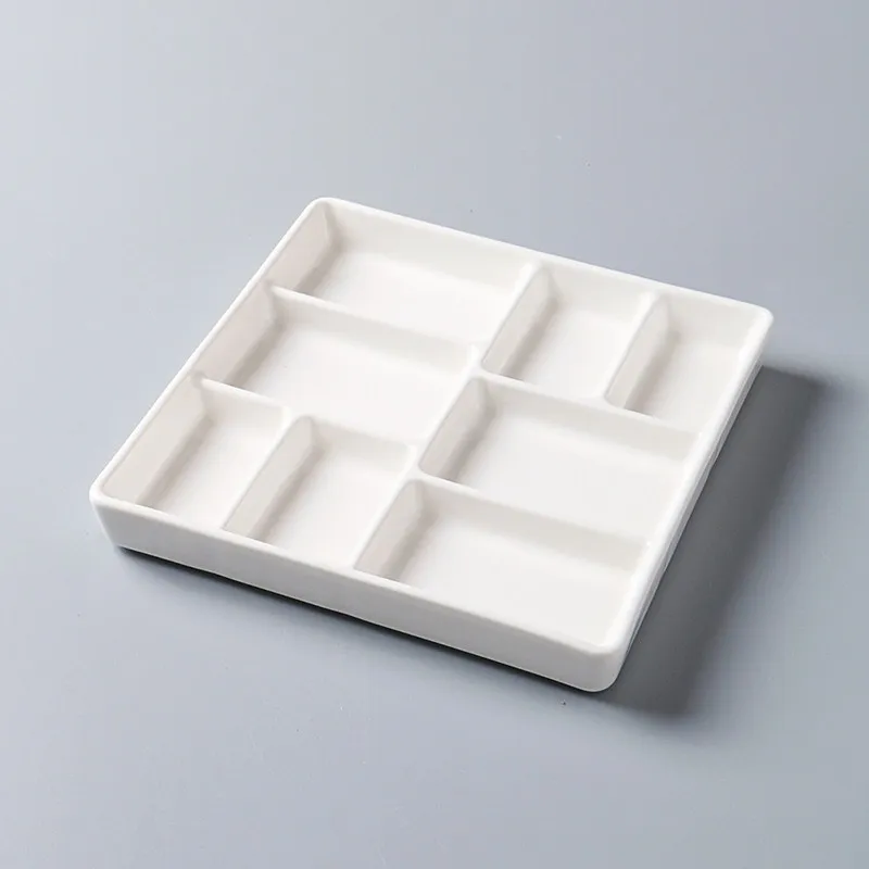 8 Grid Square White Ceramic Paint Palette 7.75in Straight Shallow Tray for Watercolor Oil Traditional Chinese Painting Mixing