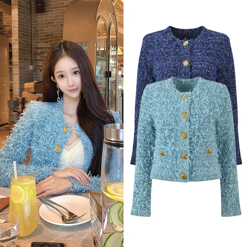 

Ort Coat Ele Ladylike шерстяное пальто Metal Bule Thiened Knit круглый топ для похудения для женщин осень мода 2024