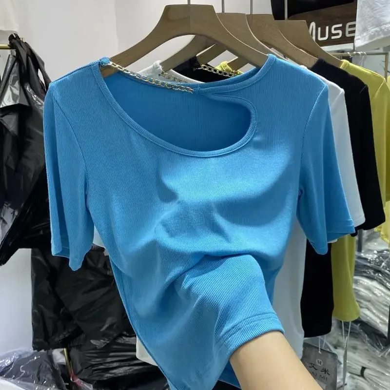 Summer New Off Shoulder Round Neck Irregular Hollow Short Sleeve T-shirt Women's Slim Fit High Waist Small Top
