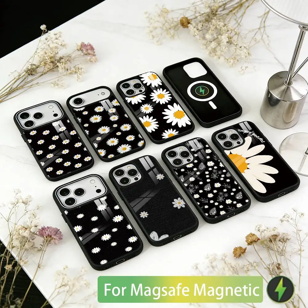Black & white daisy pattern Phone Case For iPhone17,16,15,14,13,12,11 Plus,Pro Magnetic with Magsafe Wireless Charging