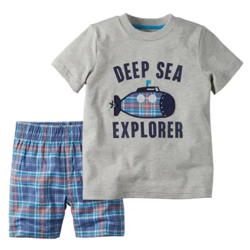 Carters Infant Boys 2 Piece Deep Sea Explorer T Shirt Plaid Short Set long or short sleeves