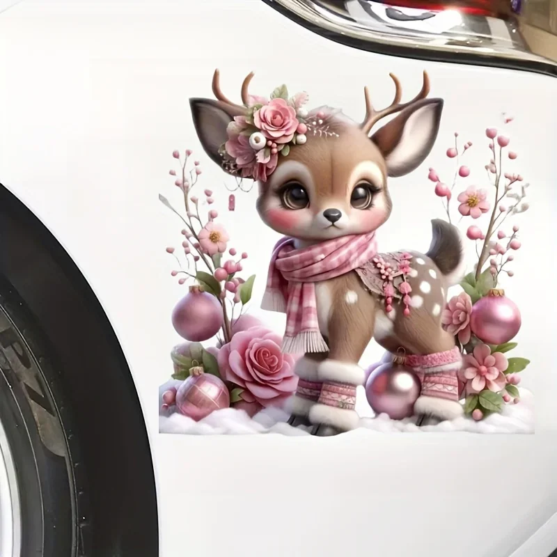 1Pc 2D Flat Pink Floral Deer Waterproof Vinyl Sticker Scratch Resistant Car SUV Laptop Xmas Valentine Decor Gift