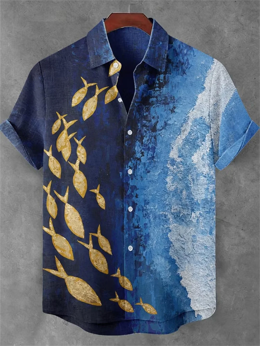 Men's Retro Blue Oil Painting Gold Fish School Print Linen Shirt Summer Short Sleeved Beach Leisure Vacation Shirt Men