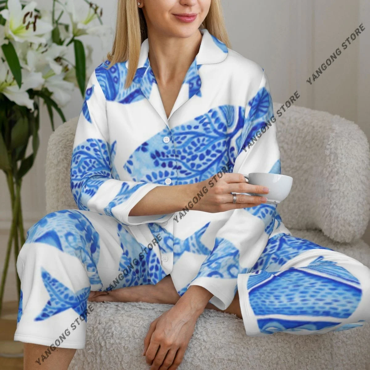 

Женская одежда для сна, пижама с рыбой, морскими животными и османской украшенной мозаикой, пижама с длинными рукавами, женский комплект, пеньюар, кардиган, костюм