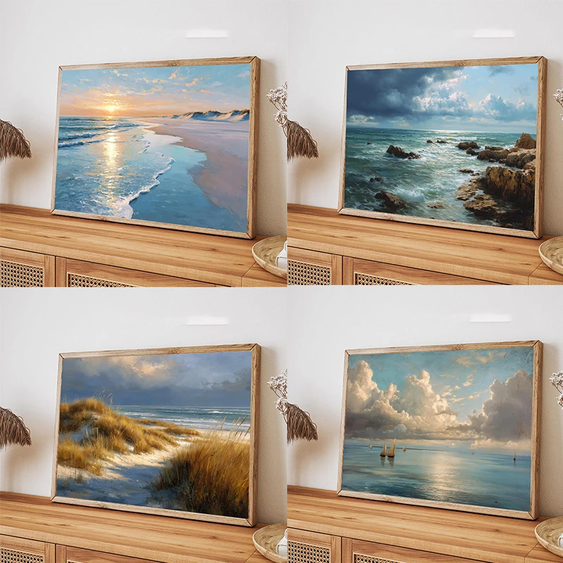 Vintage Nautical Seascape Beach Sunset Coastal Cottage Landscape Poster Canvas Painting Print Wall for Living Room Home Decor