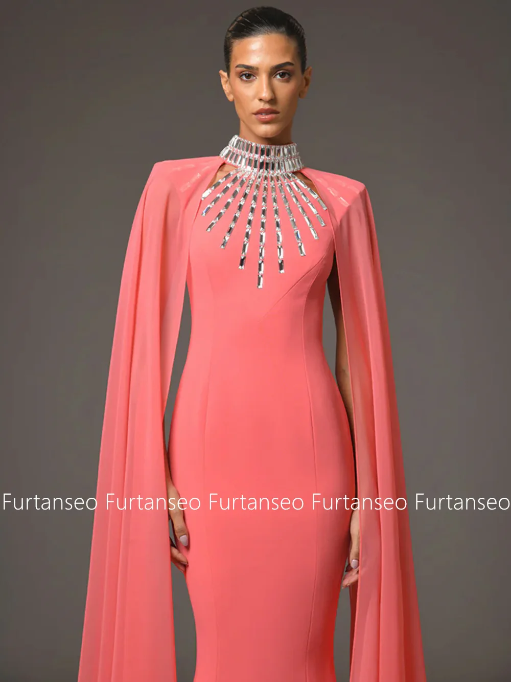 Coral Prom Dress for Woman Halter Chiffon Cape Customized Silver Rhinestone Sweep Train Mermaid Evening Gown فساتين سهرات