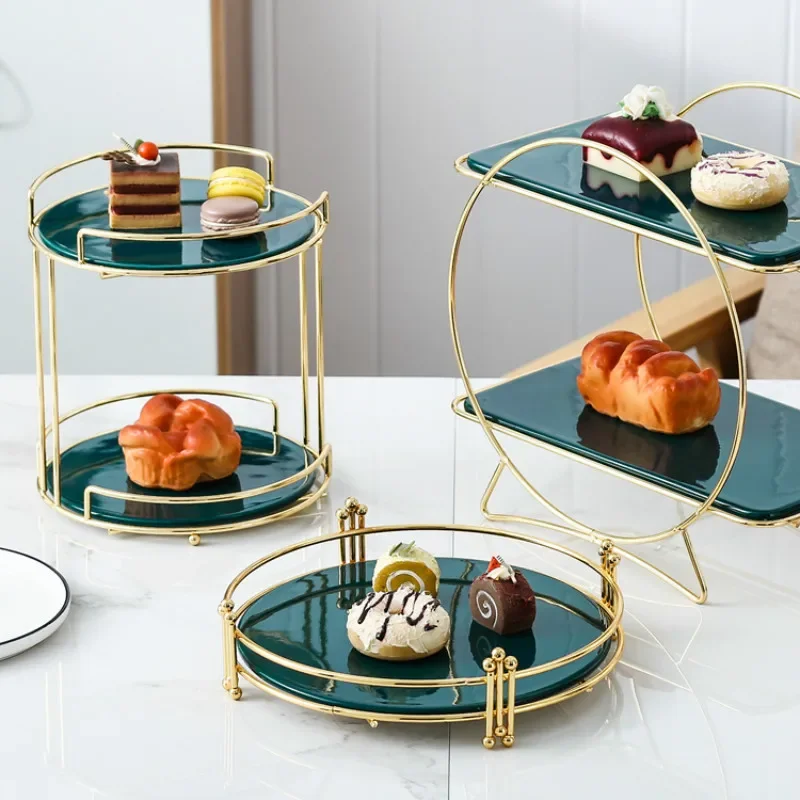 

Green Ceramics Cake Stand Metal Afternoon Tea Dessert Rack Multi-layer Storage Tray Household Cake Decoration Tools