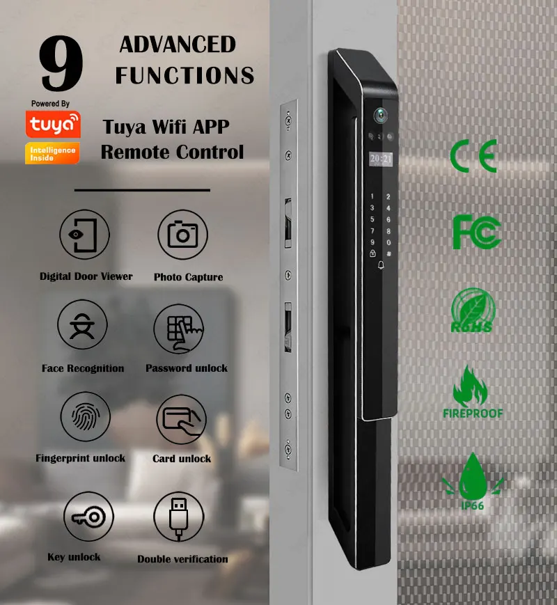 Wifi Fingerprint Smart Digital Glass Aluminum Sliding Door Lock Biometric 3d Face Recognition App Serrure Intelligent