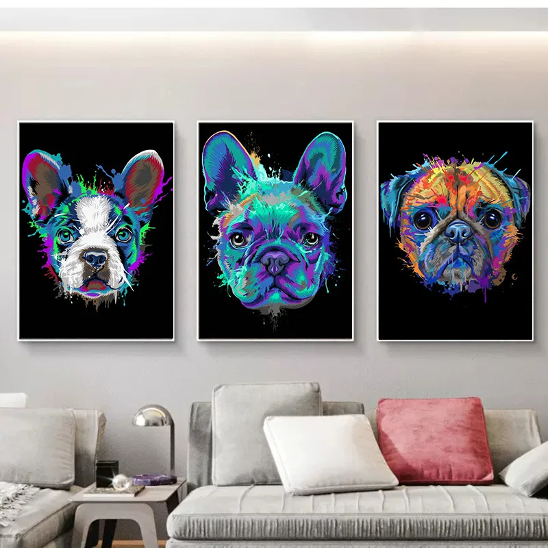 

Abstract Watercolor French Bulldog Pug Posters Prints Canvas Painting Coloful Animal Dog Wall Art Picture Living Room Cuadros