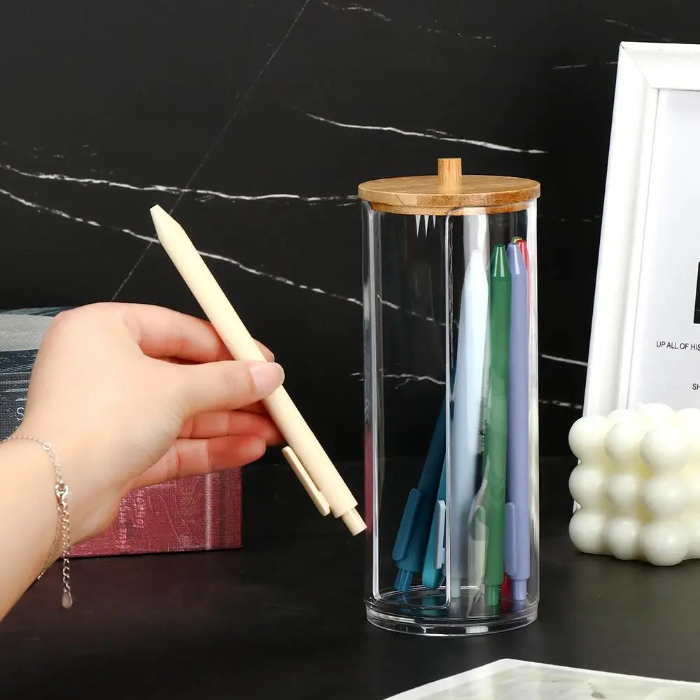 1Pc Acrylic Multifunctional Makeup Cotton Pad Organizer Storage Box For Cotton Swabs Rod Bathroom Qtip Container with Bamboo Lid