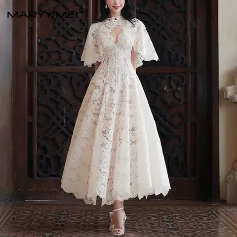 MARYYIMEI Temperament lace shawl ceremonial dress v-neck sleeveless waist long dress 2026 summer women's new style