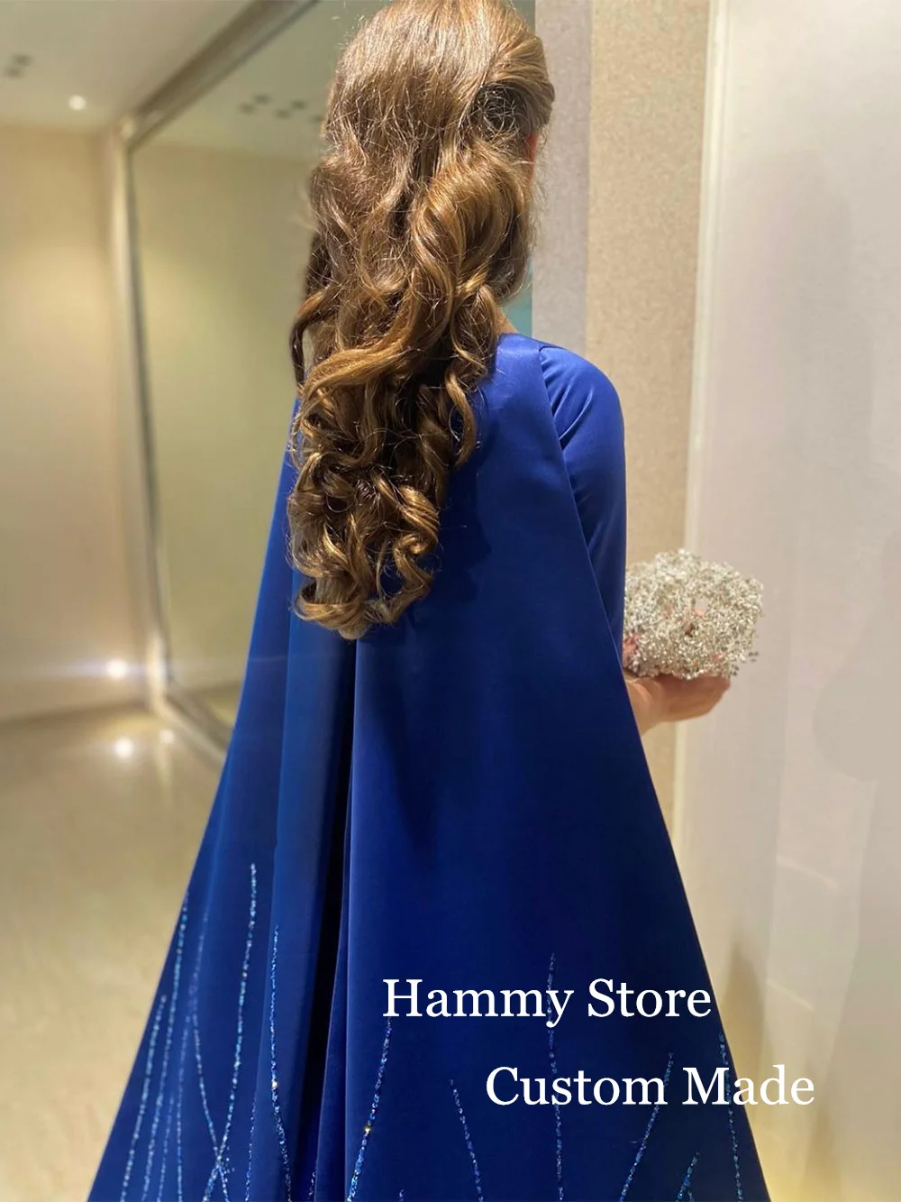 Royal Blue Evening Dress Saud Arabic Prom Dresses Customized 3/4 Sleeves Beading Wings Straight Party Gown Special Occasion