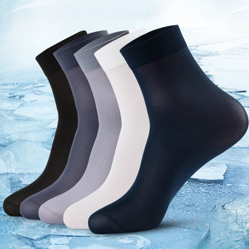 10Pairs Men\'s Socks Thin Ice Stockings Summer Breathable Casual Socks Solid Color Elastic Ice Silk Cool Mid-tube Business Socks