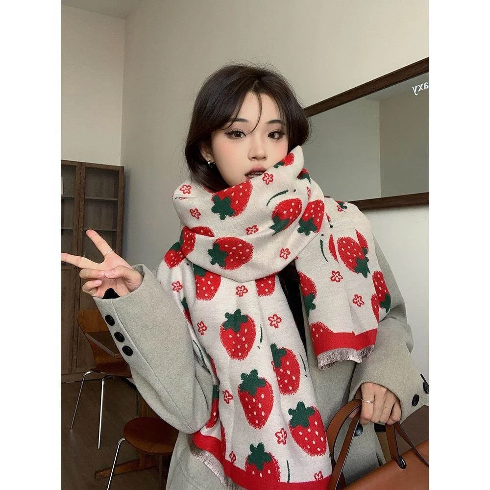 Korean Style Thickened Cashmere Scarf Women's Winter Versatile Strawberry Warm Shoulder Shawl Cute Print Student Neck Warmer