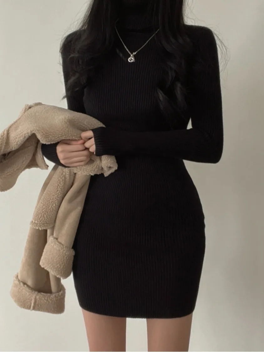 Chique outono inverno alta ne malha envoltório bodycon dr feminino simples elegância emagrecimento camisola ort saia camada base dr