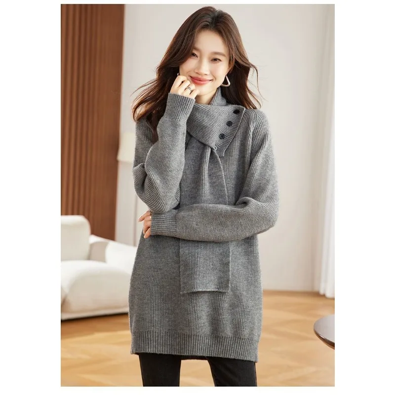 

Новый однотонный свободный вязаный свитер с высоким воротником и длинными рукавами, модная универсальная рубашка в стиле ретро, осень-зима 2025 г.