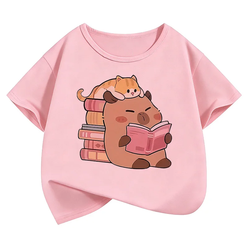 Sommer Frühling Niedliche Katze mit Capybara beim Lesen von Büchern T-Shirts Kurzarm Kinder T-Shirt Jungen Mädchen Lässiges Oberteil Tee Shirt