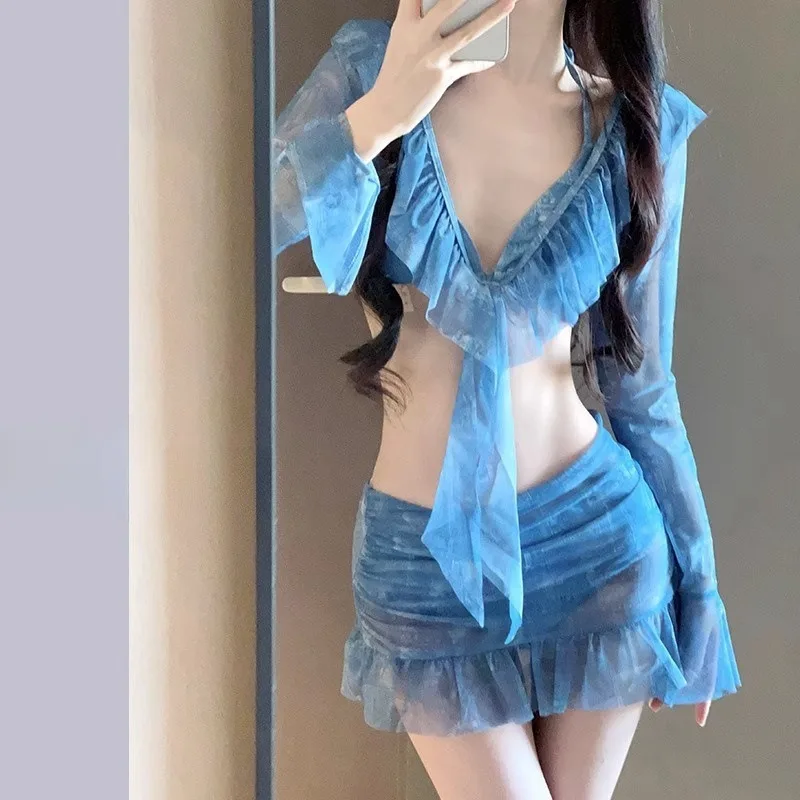 Elegant Blue Tie Dye Swimsuit Set with Ruffle Sheer Long Sleeve Top Mini Skirt Modest Swimwear for Beach Pool Vacation