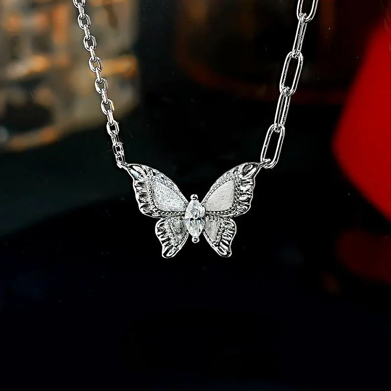 NEW Metal brushed 925 sterling silver gold butterfly necklace with pull-out style elegant Buchi style retro pendant for women