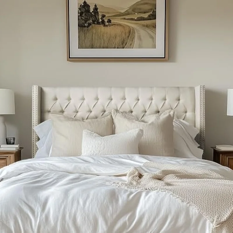 King Upholstered Wingback Headboard with Nailhead Trim & Button Tufted,