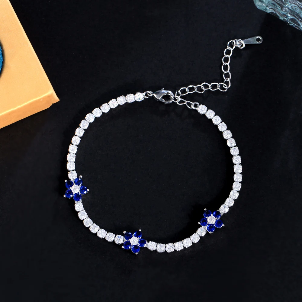 CWWZircons Beautiful Blue Green Cubic Zirconia Flower Charm Tennis Bracelets for Women Summer Party Engagement Jewelry CB344