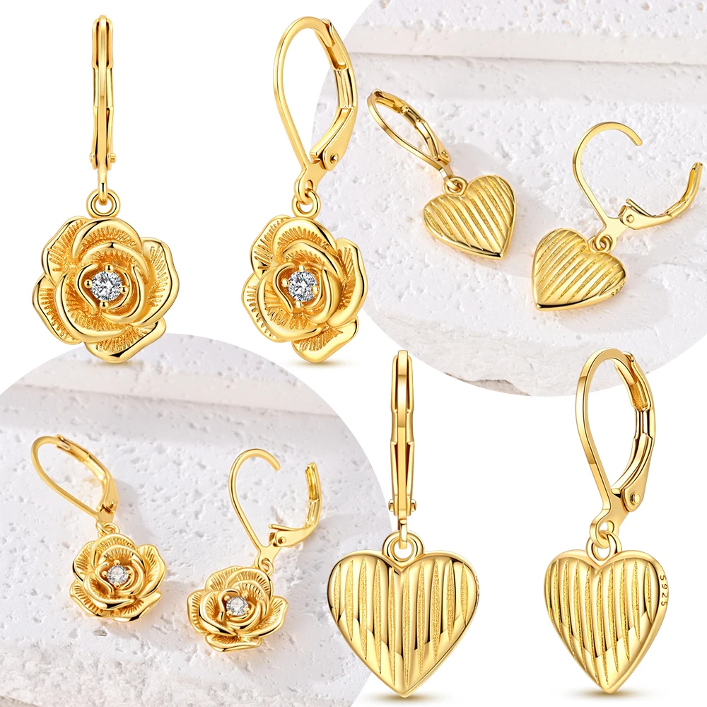 Gold Earrings 925 Silver Zircon Rose Drop Earrings Star Heart Hoop Earrings Fine Jewelry Anniversary Birthday Gift for Women