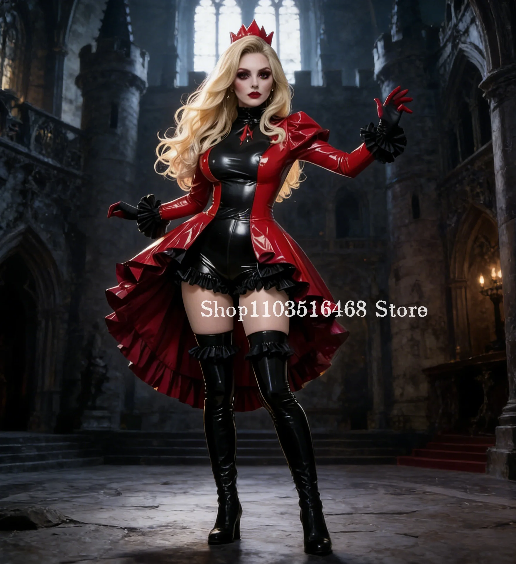 Glänzendes schwarzes und rotes PVC-Cosplay-Party-Abschlussballkleid, kurzer Overall, High-Low-Kostüm für besondere Anlässe, Maskerade-Kleidung, maßgeschneidert