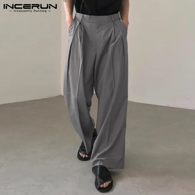 INCERUN-Pantalones rectos para hombre, ropa de calle Coreana de Color sólido, pantalones casuales de moda, pantalones largos sueltos de ocio, S-5XL,