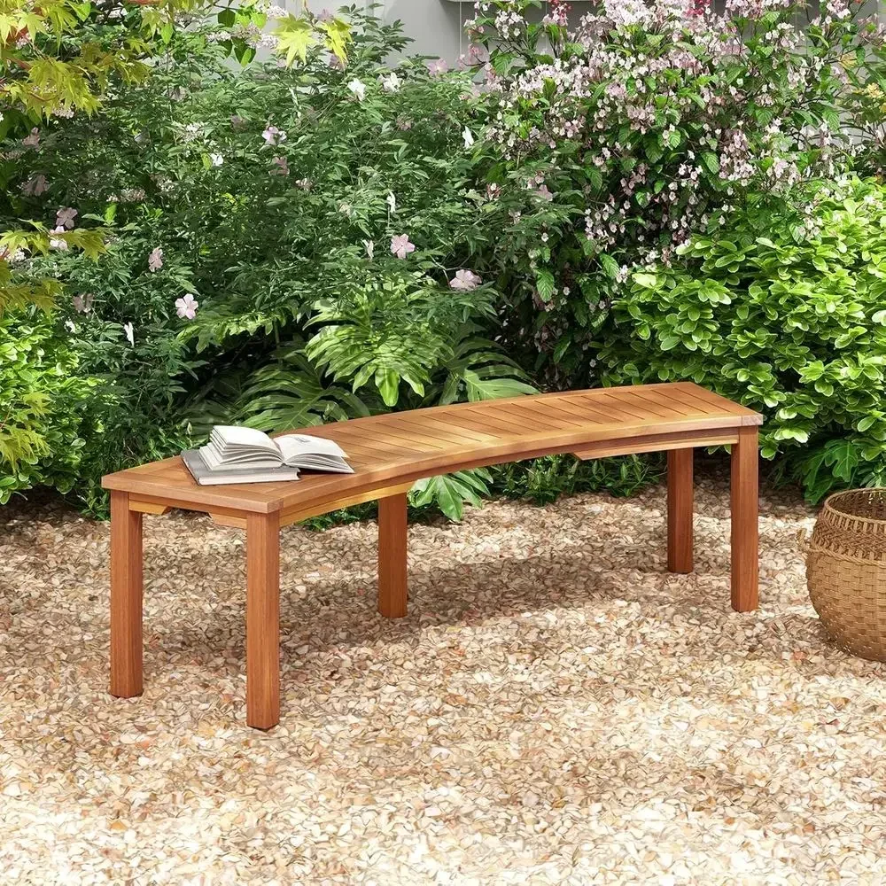 Outdoor Curved Acacia Wood Bench with Slatted Seat, Patio Backyard 2-Person Seating, Max 800 LBS Load, Oil Painted (58)