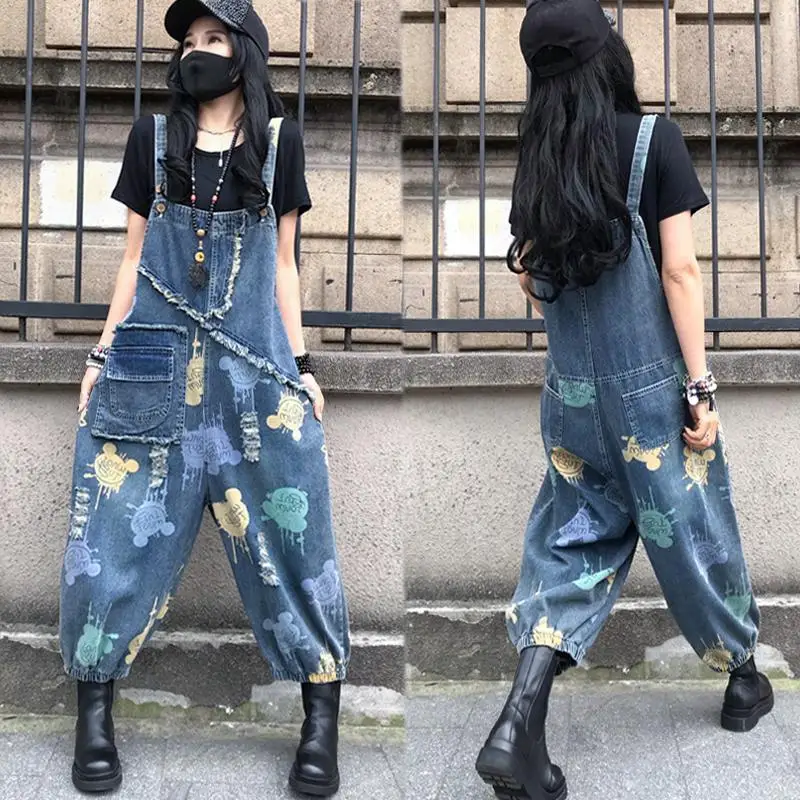 Spring and Autumn New Korean Extra Denim Overalls Women's Loose Retro Printing Fashion High Waist Washed Nine-Point Jumpsuit