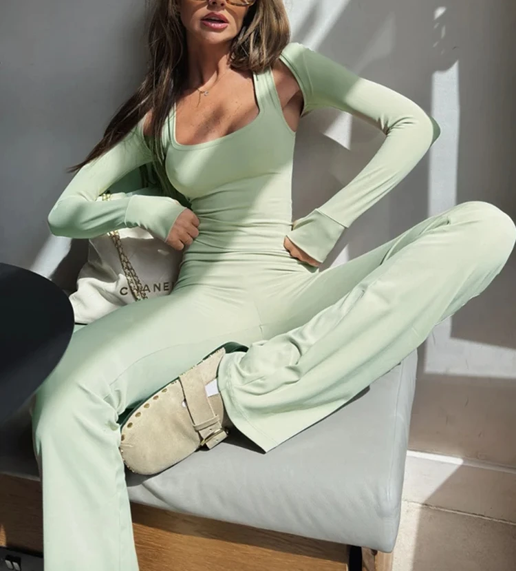 

Casual Women 3 Piece Set Basic Wild Solid Tanks+Long Sleeve Super-Short Tops+High Waist Pants Mujer Classic Tracksuits
