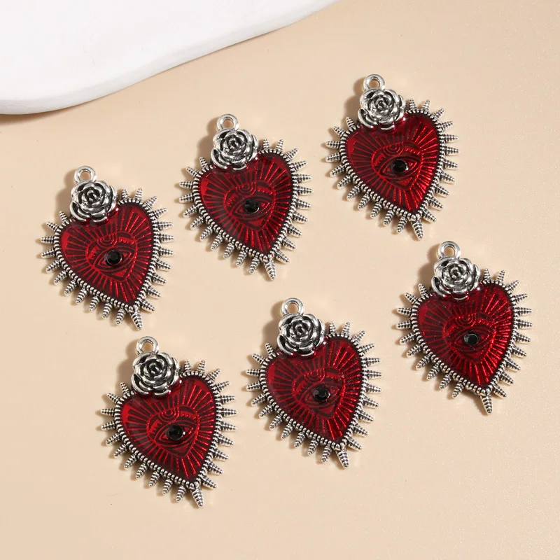 5pcs Silver Color 33x25mm Gothic Punk Enamel Heart Charms Flower Eye Pendant Fit Earrings Jewelry Making Handcrafted Accessories