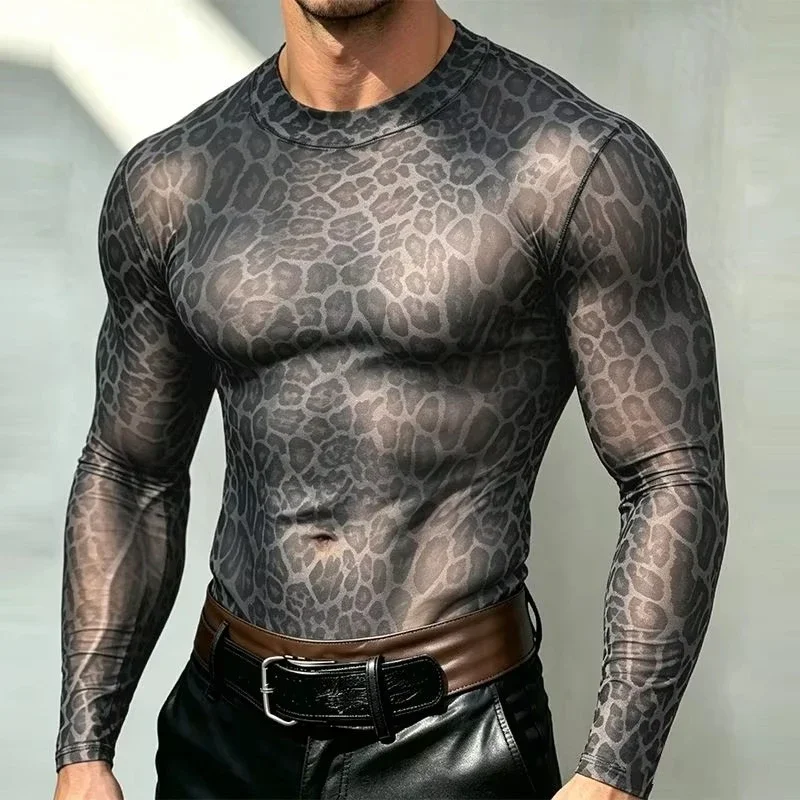 Men's Animal Print Sheer Mesh Long Sleeve Shirt Snake Leopard Pattern   Fit Round Neck Tops Gothic Party Layering T-shirt view 3