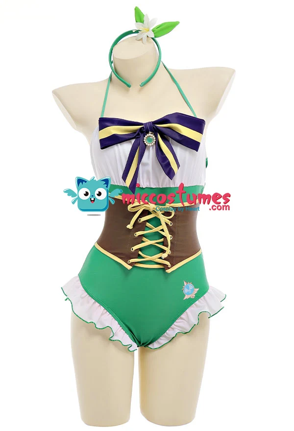 

Anime one piece Swimsuit Set Halter Lace-up Bowknot Ruffle Swimwear Tummy Control Beach Bathing Suit +Headband