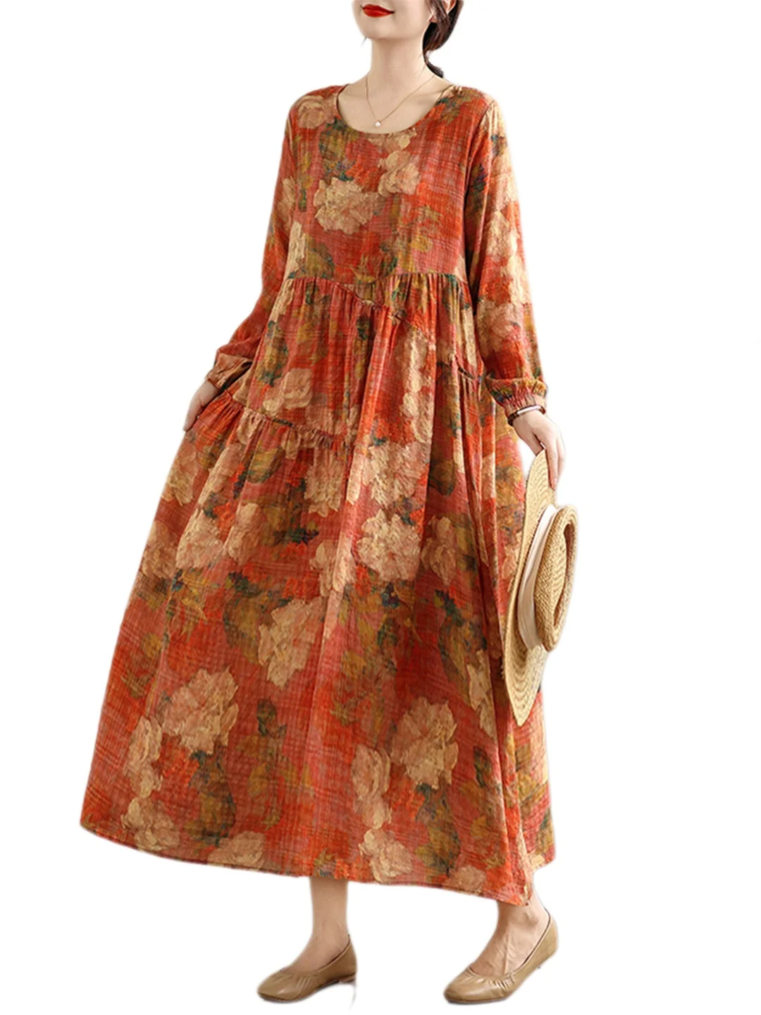 Retro Print Lin Long Sve Dames Dr Loose Grote Maat Afslanken Casual Volledige Rok Katoen Lin Long Dr Herfst Faion