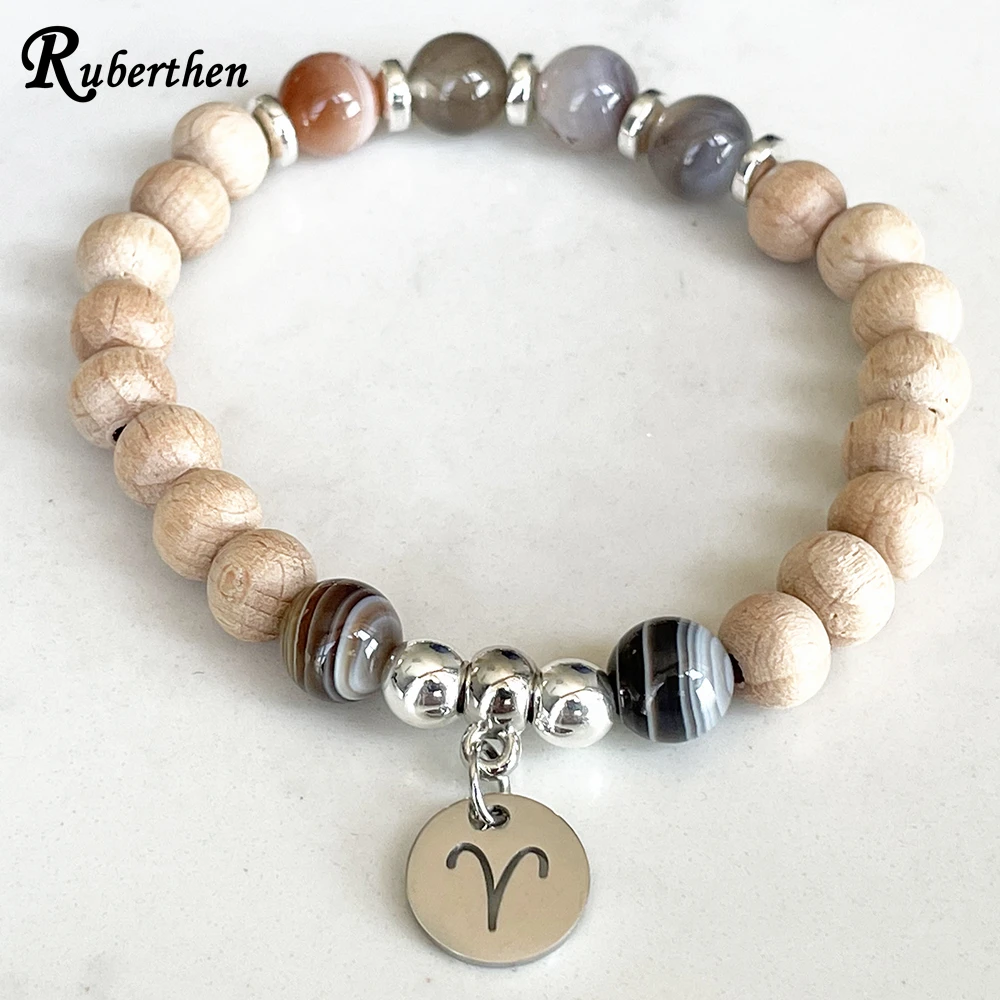 Ruberthen New Design Aries Zodiac Bracelet For Women 8 MM Woodbaeds Botswana Agate Chakra Wrist Mala Handmade Gemstone Jewelry