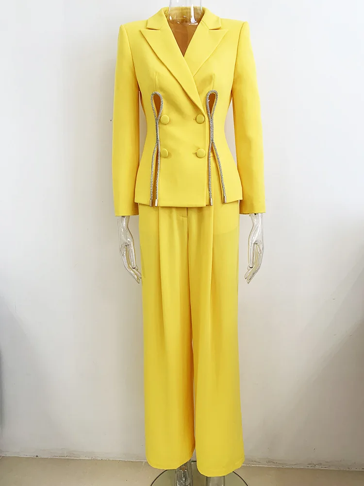 

High Quality New Blazers Fashion Two Piece Set Ladies Diamond Button Long Sleeve Blazer Jacket Wide Leg Pants Elegant Yellow Set