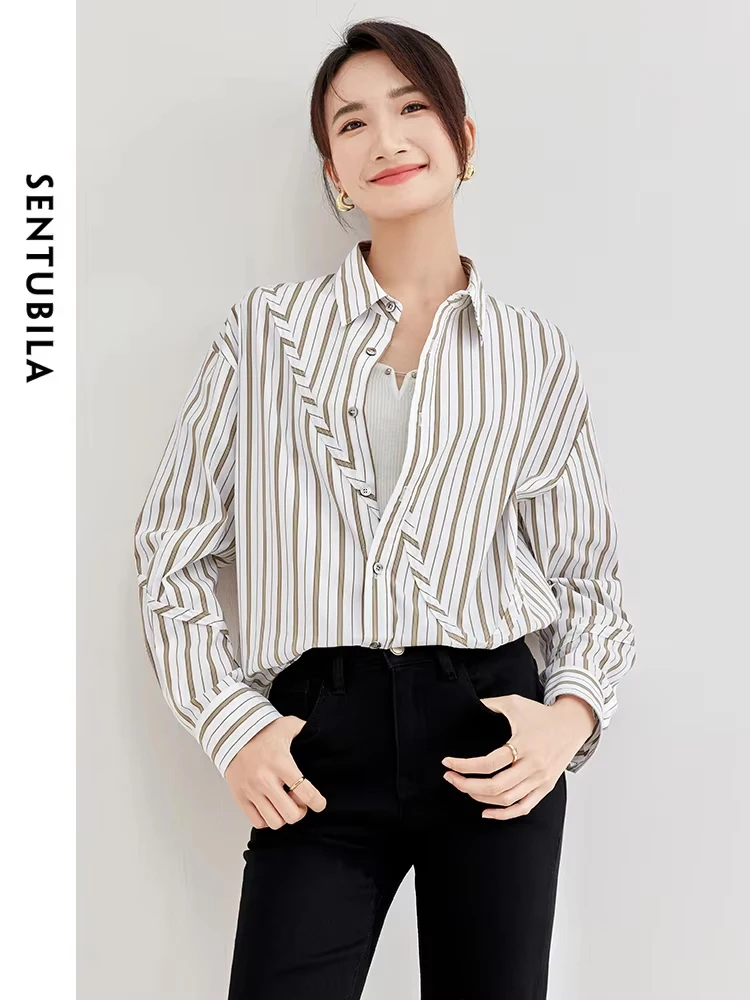 

SENTUBILA 2024 Autumn Striped Shirt Women Long Sleeve Office Ladies Button Up Shirts Loose Cotton Blouse Female Tops 133C51095