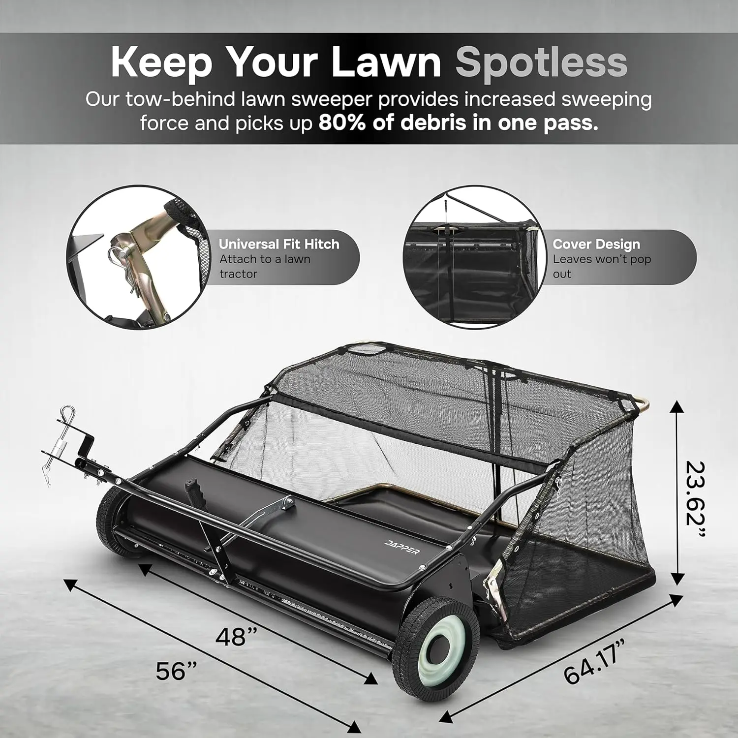 سحب مكنسة العشب الخلفي، 26 قدم مكعب. مكنسة عشب كبيرة الحجم خلفها، مجمع أوراق الشجر شديد التحمل مع حبل قلاب #4