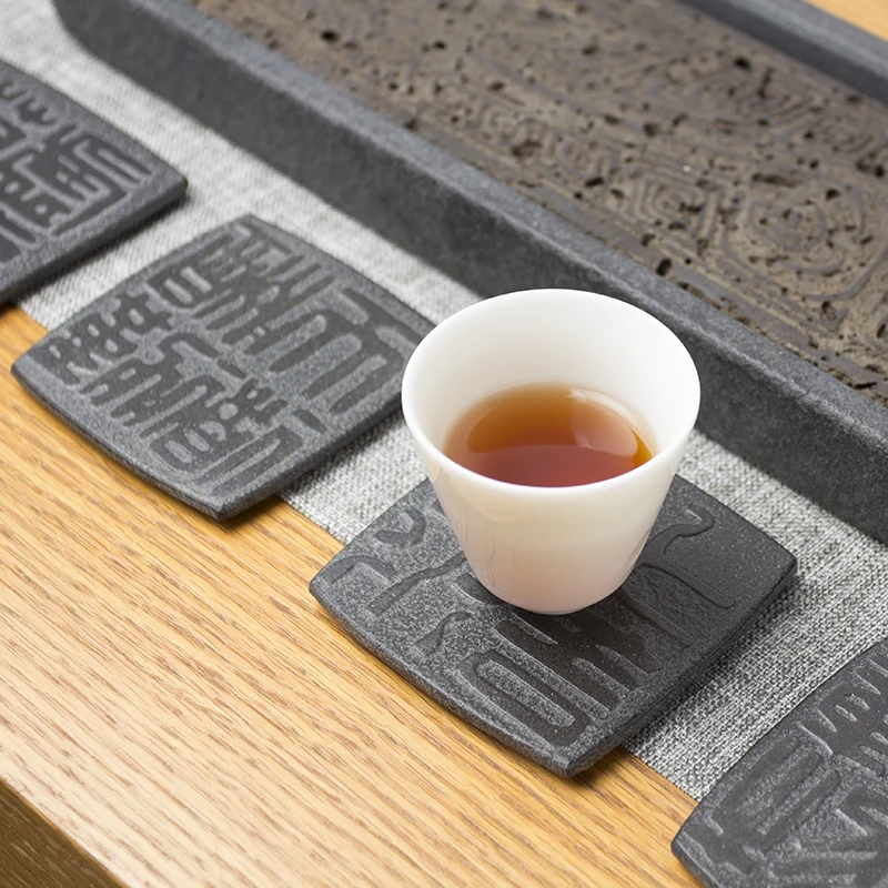 Cup Mat Coaster Teapot Teacup Nature Stone Pad Coffee Placemats Home Decor Durable Heat Resistant Black Square Culture Teaware