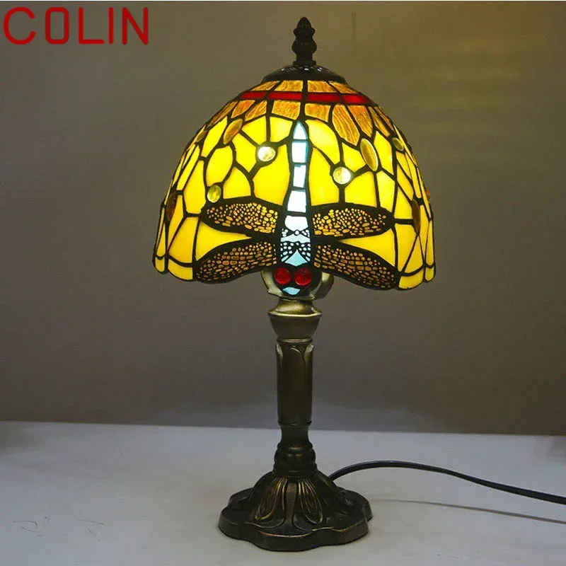 COLIN Tiffany Glass Table Lamp LED Creative Design Dragonfly Pattern Desk Light Decor For Home Living Room Bedroom