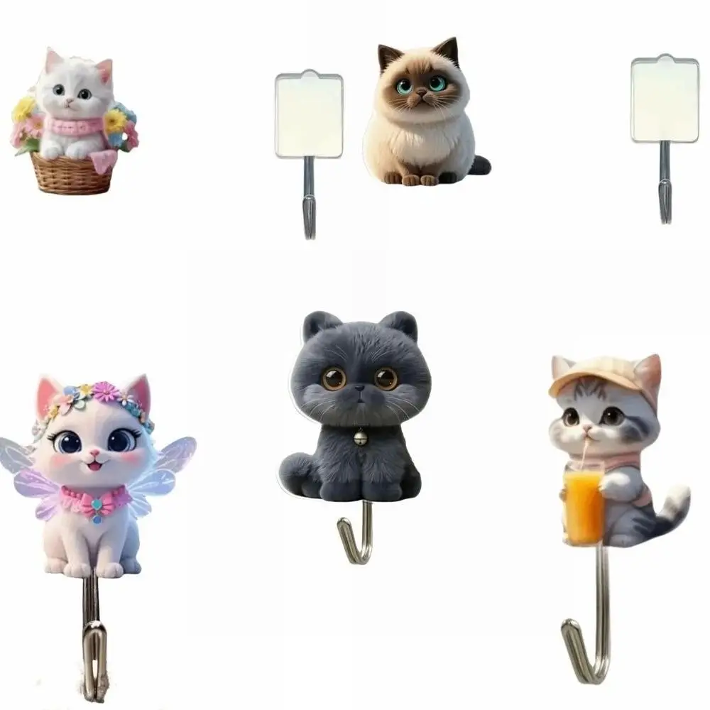 5 Pcs 2D Flat Self-Adhesive Hook Acrylic Cute Animal Sticky Coat Hook Hanging Storage Auxiliary Hook Wall Hanging