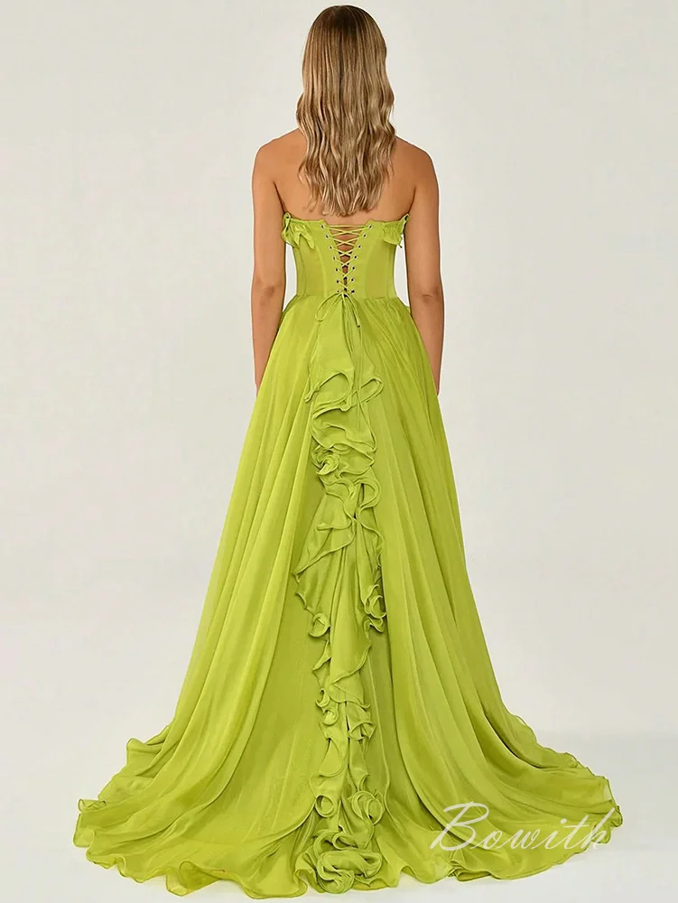 Bowith Bright Green Party Dresses Sleeveless Sexy Evening Dress Strapless Ruffles Prom Gown Elegant Maxi Dress vestidos de gala