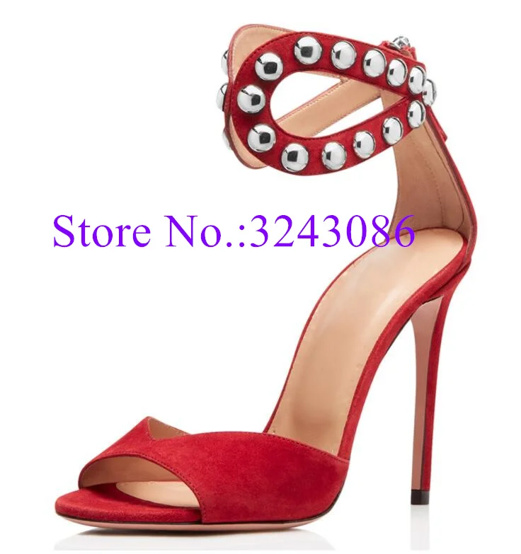 

New Black Red Rivets Lady Sandals Shoes Fashion Design Stiletto Heel Peep Toe Spikes Pumps Woman Large Size Banquet High Heels