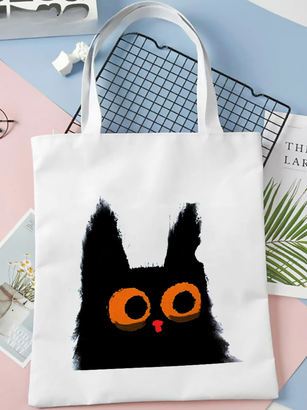 

Cute Cartoon Cat Printed Canvas Tote Shoulder Bag Women Fashion Reusable Eco-friendly Casual Daily Shopping Handbag