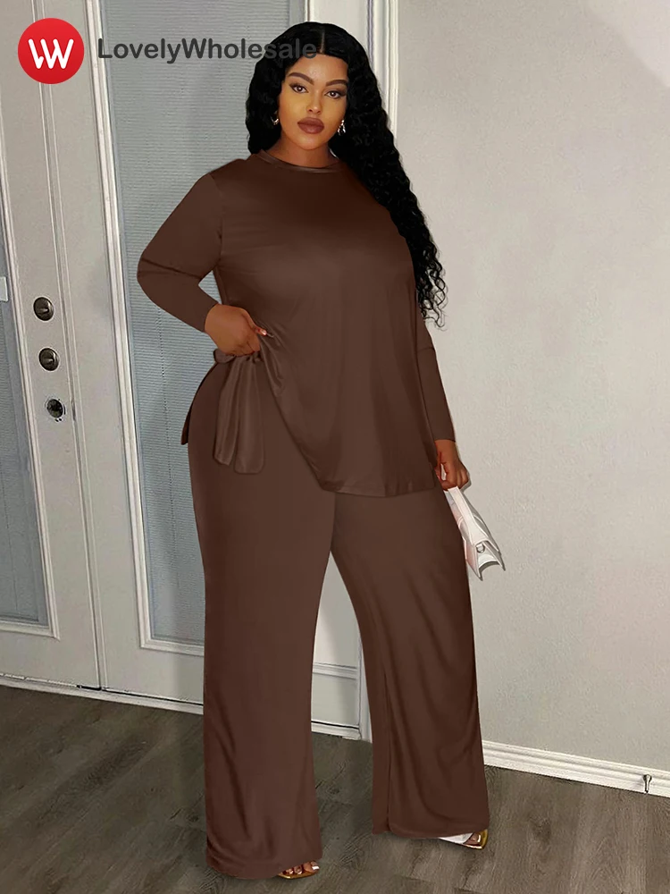 LW Plus Size Baggy Pant Sets Women Autumn Casual Long Sleeve Crew Neck Lace-up Top Lady Straight Trousers Women's Two Pieces Set