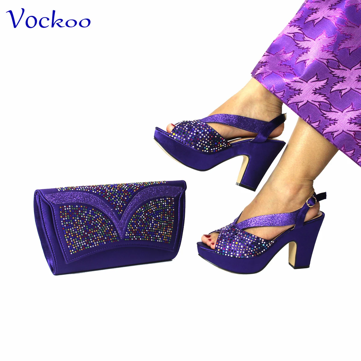 2024 Spring New Coming Italian Design Wedges Heels Shoes Matching Bag Set in Purple Color with Platform Comfortable Sandals