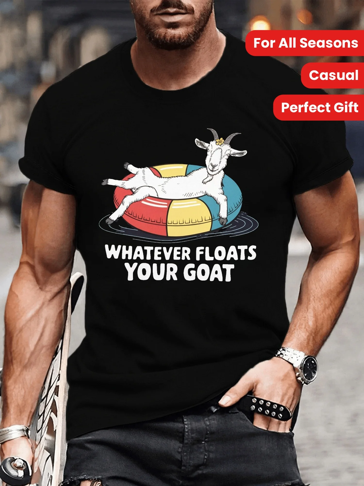 

MEN'S SUMMER GOAT FLOAT PATTERN T-SHIRT - Goat Float Pattern, Casual Short Sleeve T-Shirt for All Seasons on The Go